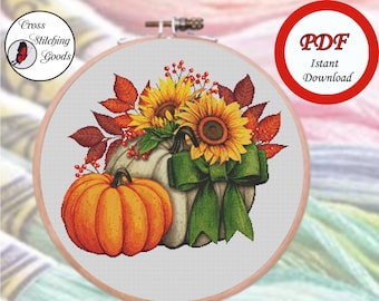 Pumpkins and Sunflowers,Thanksgivin ,Autumn Cross Stitch, Easy Cross Stitch  Pattern PDF