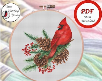 Winter Red Cardinal Bird Cross Stitch Pattern , Modern Cross Stitch  Pattern PDF