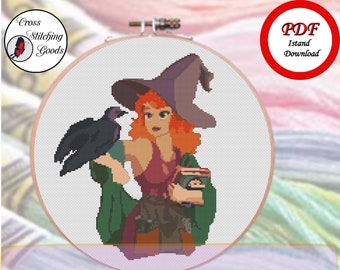 Kleine heks met een Raven Cross Stitch Patroon, Moderne Cross Stitch Patroon PDF