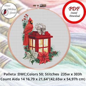 Red Cardinal and Christmas Lantern Cross Stitch Pattern , Modern Cross Stitch  Pattern PDF