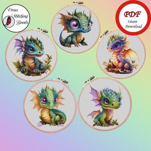 Cute Baby Dragons  - Set of 5 Dragons Cross Stitch Patterns , Modern Cross Stitch PDF