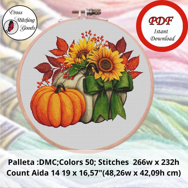 Pumpkins and Sunflowers,Thanksgivin ,Autumn Cross Stitch, Easy Cross Stitch  Pattern PDF