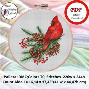 Winter Red Cardinal Bird Cross Stitch Pattern , Modern Cross Stitch  Pattern PDF
