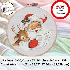 Santa Claus  and Cute Deer Cross Stitch Pattern , Modern Cross Stitch  Pattern PDF