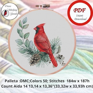 Red Cardinal Bird Cross Stitch Pattern , Modern Cross Stitch  Pattern PDF