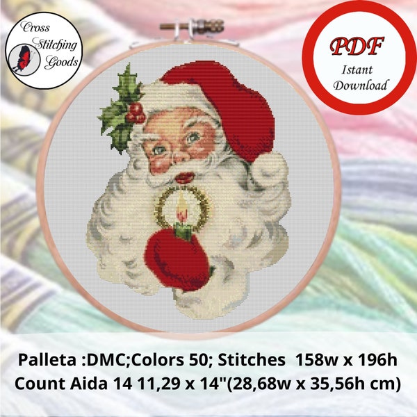 Santa Claus with Candle Cross Stitch Pattern ,Vintage Santa Claus Cross Stitch, Modern Cross Stitch  Pattern PDF