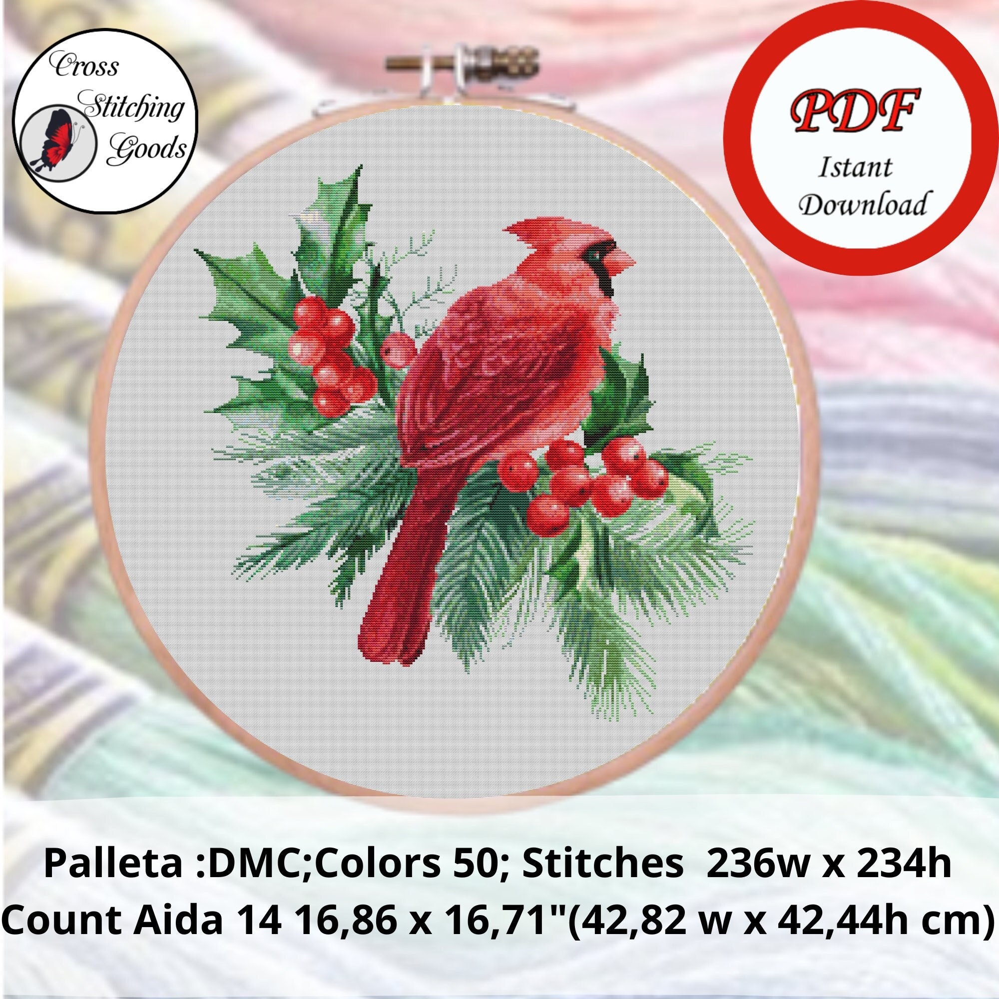 Winter Red Cardinal Cross Stitch Pattern , Easy Cross Stitch Pattern ...