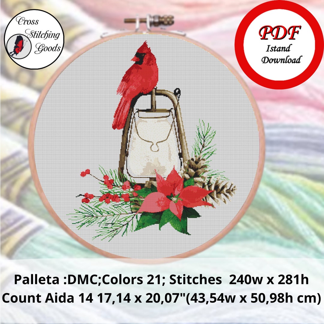 Red Cardinal Bird , Poinsettia and Lantern Cross Stitch Pattern ...
