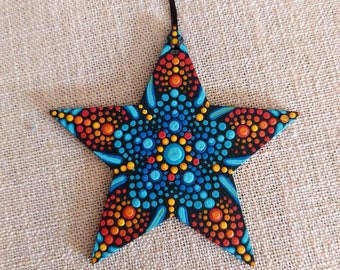 Christmas star Hand-painted wooden star : blue mandala