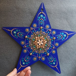 large blue & gold christmas star- jewel encrusted- dot mandala- hand painted- star of the show