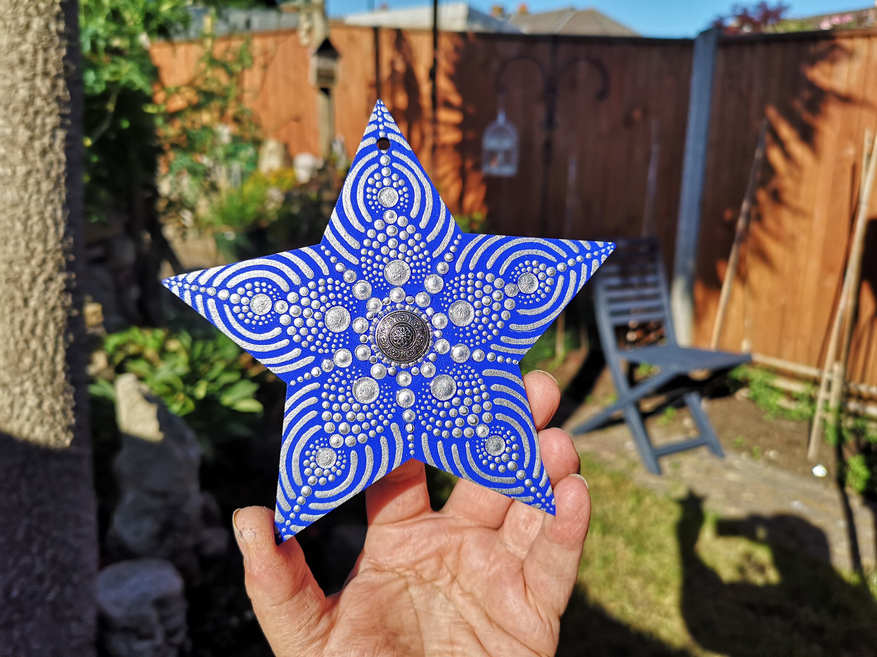 mirror shine dots tree decoration mandala design blue and silver hanging star wall art Hand-painted wooden star