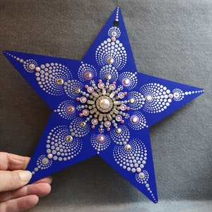 large blue & silver christmas hanging star- jewel encrusted- wall art- tree decoration- dot mandala