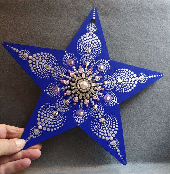 Groer blauer & silberner Weihnachtsstern- Schmuckstein verkrustet-  Wandkunst- Baumdekoration- Punkt-Mandala - Etsy.de