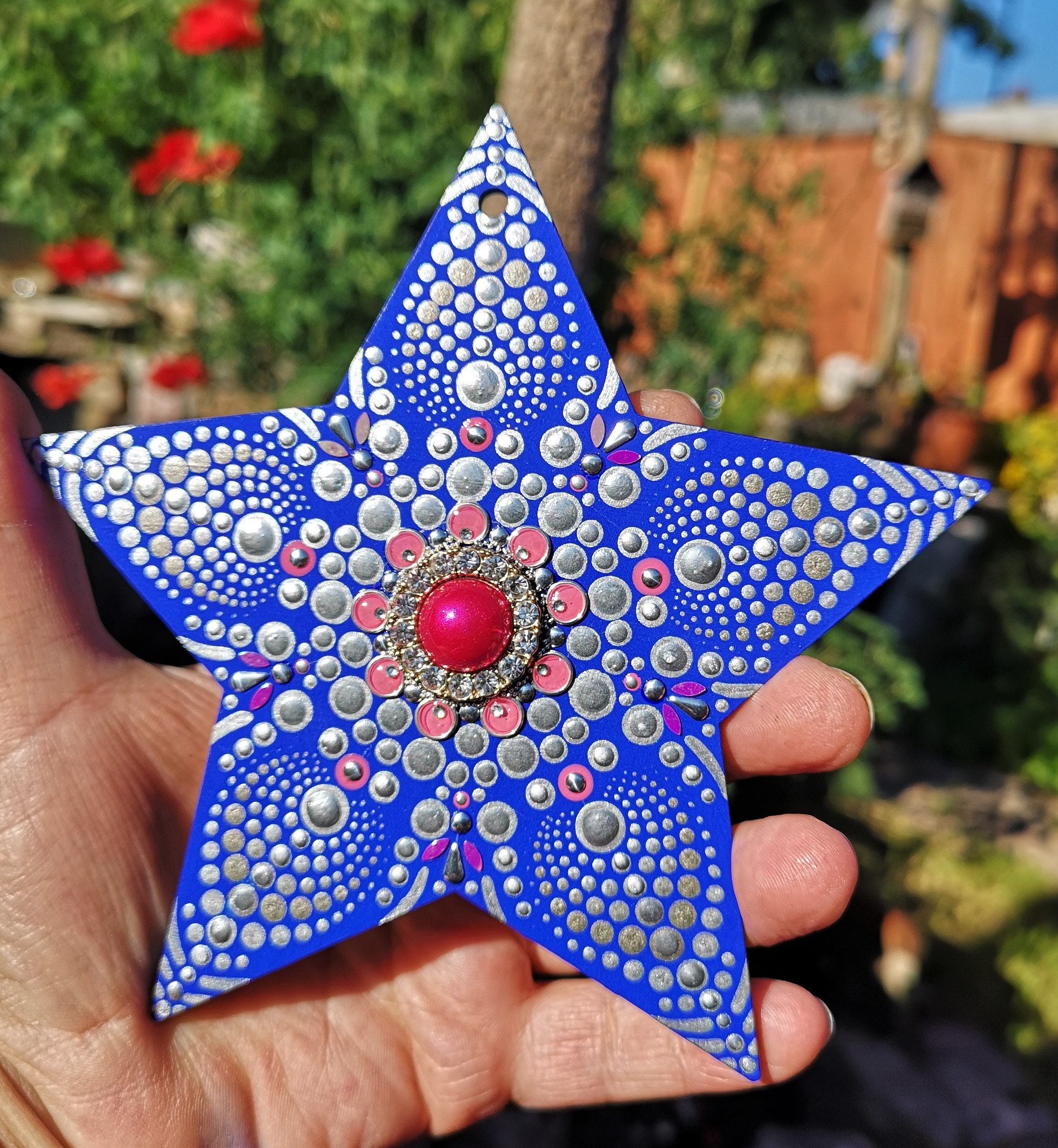 Hand-painted Wooden Star - Blue and Silver Hanging Star - Mandala
