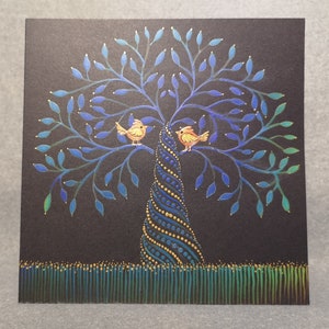 biglietto di auguri albero della vita - con uccelli dorati - biglietto che cambia colore - dipinto a mano - cambio stagione