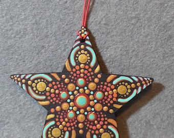 hand painted dot mandalahanging stars, orange and teal