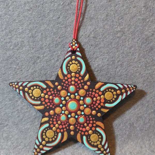 hand painted dot mandalahanging stars, orange and teal