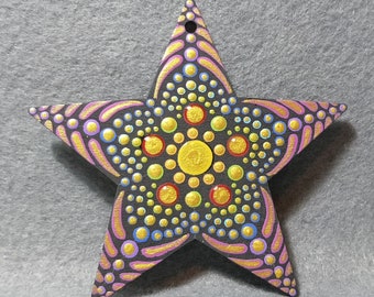 hand painted dot-mandala hanging star, mostly gold