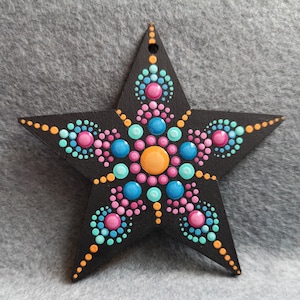 hand painted dot-mandala hanging star in tooty fruity colours