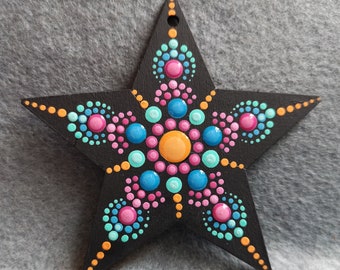 hand painted dot-mandala hanging star in tooty fruity colours