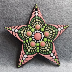 hand painted dot mandala hanging star, dusky pink and lime