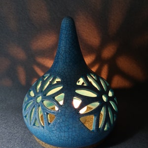 ceramic lantern - blue glaze - incised pattern -  night light lamp - tea light lantern- hand made