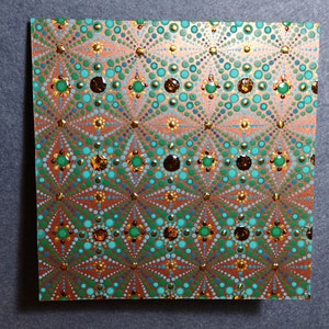 dot mandala biglietto di auguri - fatto a mano - rame e verde - abbellimenti in oro