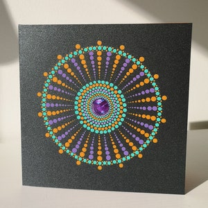 handgemaakte optische dot mandala - parelmoerachtige wenskaart - oranje en paars