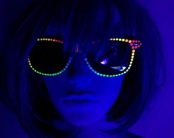 festival sunnies - neon  rave accessory - rainbow blacklight UV glow - unique party sunglasses - neon shades - funky goggles