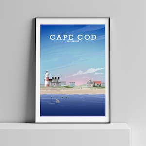 Cape Cod Poster, New England Poster, Massachusetts Art, Jaws Movie, Falmouth, Barnstable, Lighthouse Art, Martha es Vineyard, Nantucket