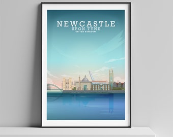 May include: A colorful illustration of the Newcastle upon Tyne skyline, featuring the Tyne Bridge, the Sage Gateshead, and the iconic Grey's Monument. The text "NEWCASTLE UPON TYNE UNITED KINGDOM" is displayed at the top of the image.