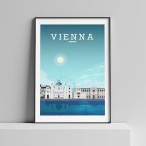 May include: A colorful illustration of the Vienna skyline, featuring a white building with a dome, a Ferris wheel, and a blue river with reflections. The text "VIENNA" and "AUSTRIA" is displayed at the top of the image.
