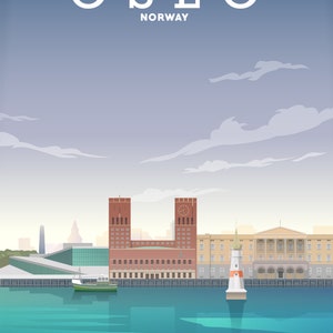 May include: A colorful illustration of the Oslo skyline in Norway, featuring the Oslo City Hall, a lighthouse, and a boat on the water.