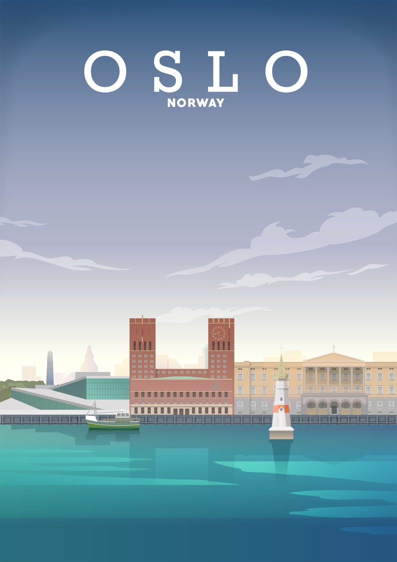 May include: A colorful illustration of the Oslo skyline in Norway, featuring the Oslo City Hall, a lighthouse, and a boat on the water.