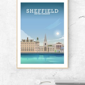 May include: A vintage travel poster featuring a cityscape of Sheffield, United Kingdom. The poster has a blue sky with white clouds and a bright sun. The city skyline includes a church with a tall spire and several buildings with windows. The text "SHEFFIELD" and "UNITED KINGDOM" is printed in white at the top of the poster.