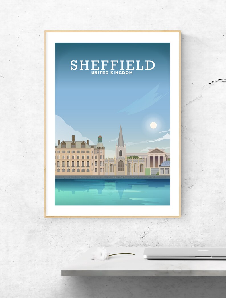 May include: A vintage travel poster featuring a cityscape of Sheffield, United Kingdom. The poster has a blue sky with white clouds and a bright sun. The city skyline includes a church with a tall spire and several buildings with windows. The text "SHEFFIELD" and "UNITED KINGDOM" is printed in white at the top of the poster.