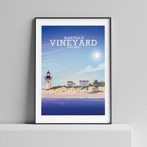 May include: A colorful illustration of a lighthouse on a beach with the text "Martha's Vineyard, United States" at the top. The sky is blue with white clouds and a bright sun.