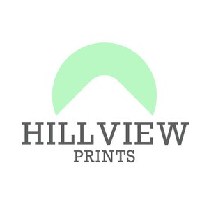 May include: A logo for Hillview Prints featuring a light green mountain shape and the text "Hillview Prints" in grey.