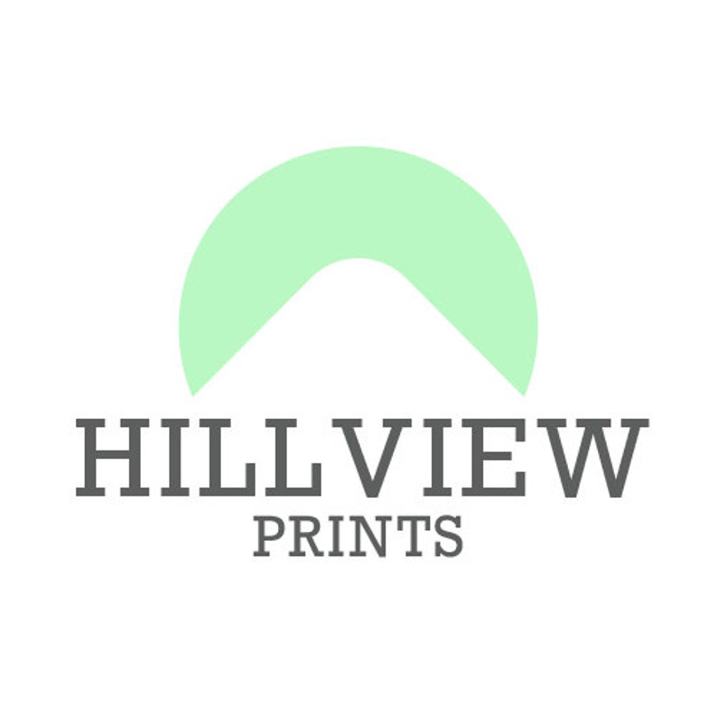 May include: A logo for Hillview Prints featuring a light green mountain shape and the text "Hillview Prints" in grey.