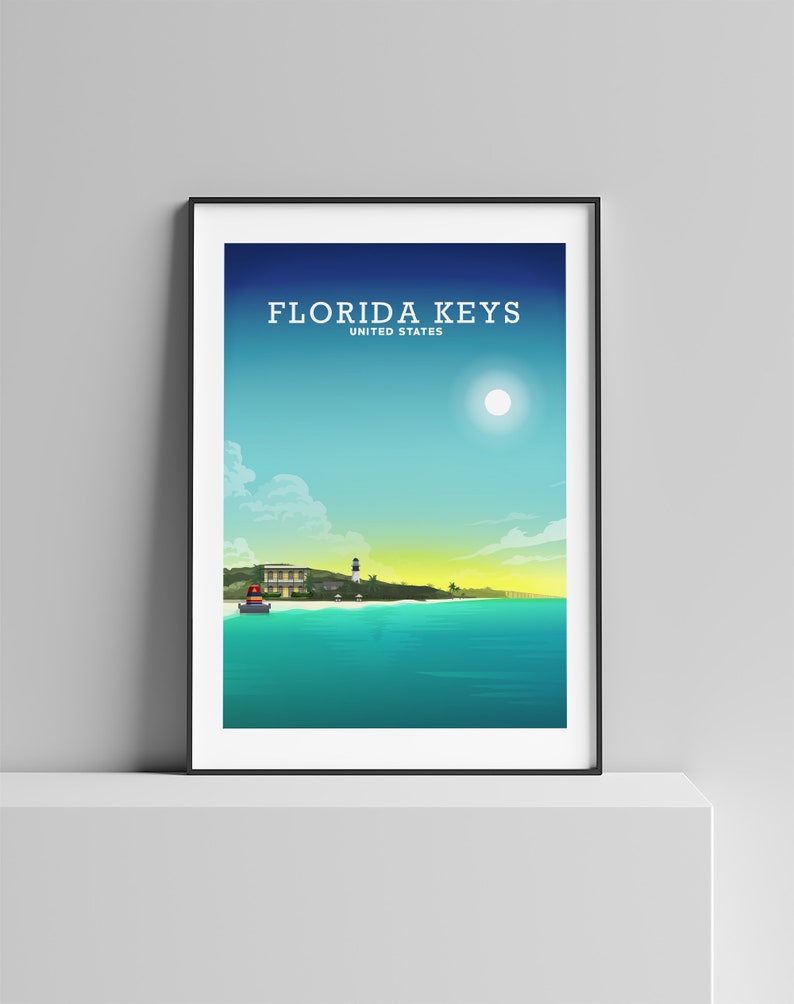 May include: A colourful illustration of a lighthouse on a small island in the Florida Keys, United States. The sky is blue with a bright white sun and fluffy white clouds. The water is a turquoise blue and the beach is white sand.