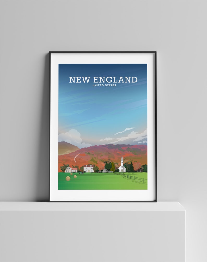 May include: A colorful illustration of a New England landscape with a white church, houses, and hay bales in a field. The text "NEW ENGLAND UNITED STATES" is at the top of the image.