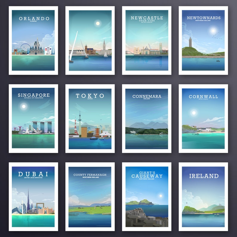 K&ouml;nnte beinhalten: Eine Collage aus 12 Reiseplakaten mit verschiedenen St&auml;dten und Sehensw&uuml;rdigkeiten aus aller Welt. Die Poster sind in einem Rasterformat mit wei&szlig;em Rand und blauem Hintergrund angeordnet. Die gezeigten St&auml;dte sind Orlando, Newcastle Upon Tyne, Newtownards, Singapur, Tokio, Connemara, Cornwall, Dubai, County Fermanagh, Giant's Causeway und Irland.