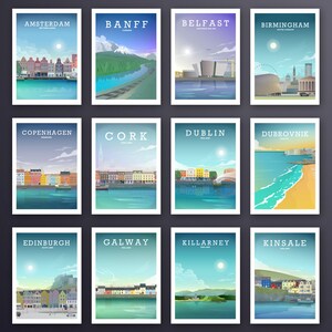 May include: A collage of 12 colourful travel posters featuring various cities around the world. Each poster has a city name at the top, a stylised illustration of the city, and the country name at the bottom.