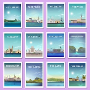 May include: A collage of 12 travel posters featuring various cities and locations around the world. Each poster has a blue and white color scheme with a city skyline and a body of water. The posters are arranged in a grid of four rows and three columns.