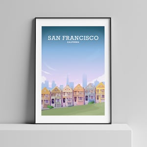 May include: A colorful illustration of a row of houses in San Francisco, California. The houses are painted in various shades of yellow, orange, pink, blue, and green. The houses are set against a backdrop of a blue sky with white clouds. The text "SAN FRANCISCO, CALIFORNIA" is printed at the top of the image.