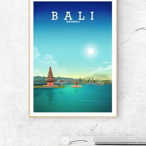 May include: A colorful illustration of a temple in Bali, Indonesia. The temple is surrounded by water and lush greenery. The sky is blue with white clouds and a bright sun. The text "BALI INDONESIA" is at the top of the image.