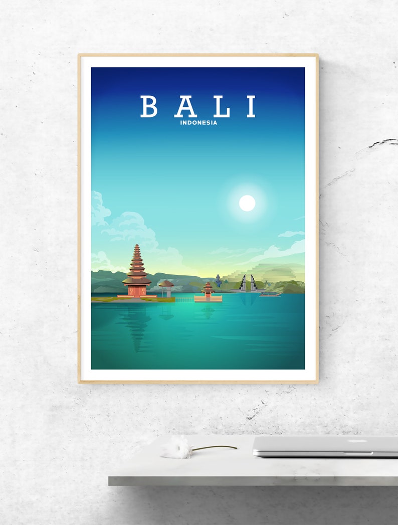 May include: A colorful illustration of a temple in Bali, Indonesia. The temple is surrounded by water and lush greenery. The sky is blue with white clouds and a bright sun. The text "BALI INDONESIA" is at the top of the image.