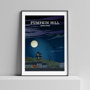 May include: A digital illustration of a spooky town called Pumpkin Hill, United States. The illustration features a dark, nighttime scene with a full moon, a large, dark house on a hill, and several smaller houses in the town. There are bats flying in the sky and a graveyard in the background.