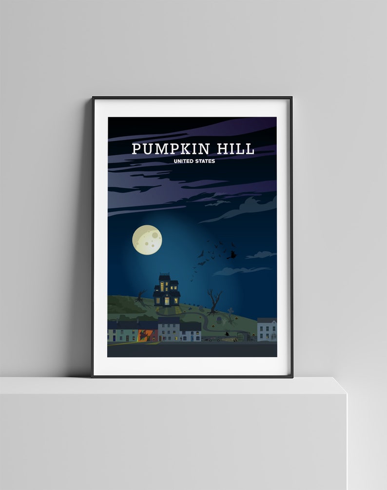 May include: A digital illustration of a spooky town called Pumpkin Hill, United States. The illustration features a dark, nighttime scene with a full moon, a large, dark house on a hill, and several smaller houses in the town. There are bats flying in the sky and a graveyard in the background.