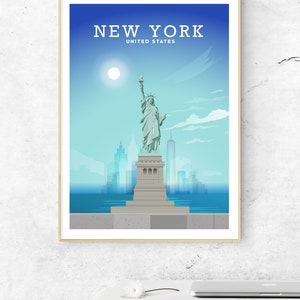 May include: A blue and white poster with the text "NEW YORK UNITED STATES" at the top. The poster features a stylized illustration of the Statue of Liberty in front of the New York City skyline.